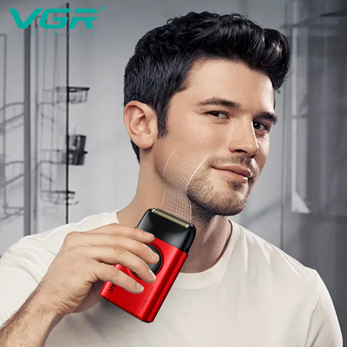 Man using the red VGR V-377 electric shaver to finish his beard