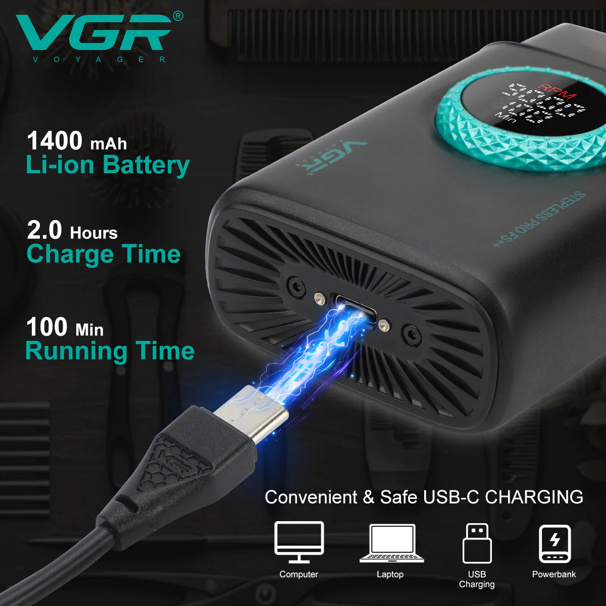 USB-C charging of the VGR V-377 with an electric effect, highlighting the 1400 mAh battery, 2-hour charge time and 100-minute runtime